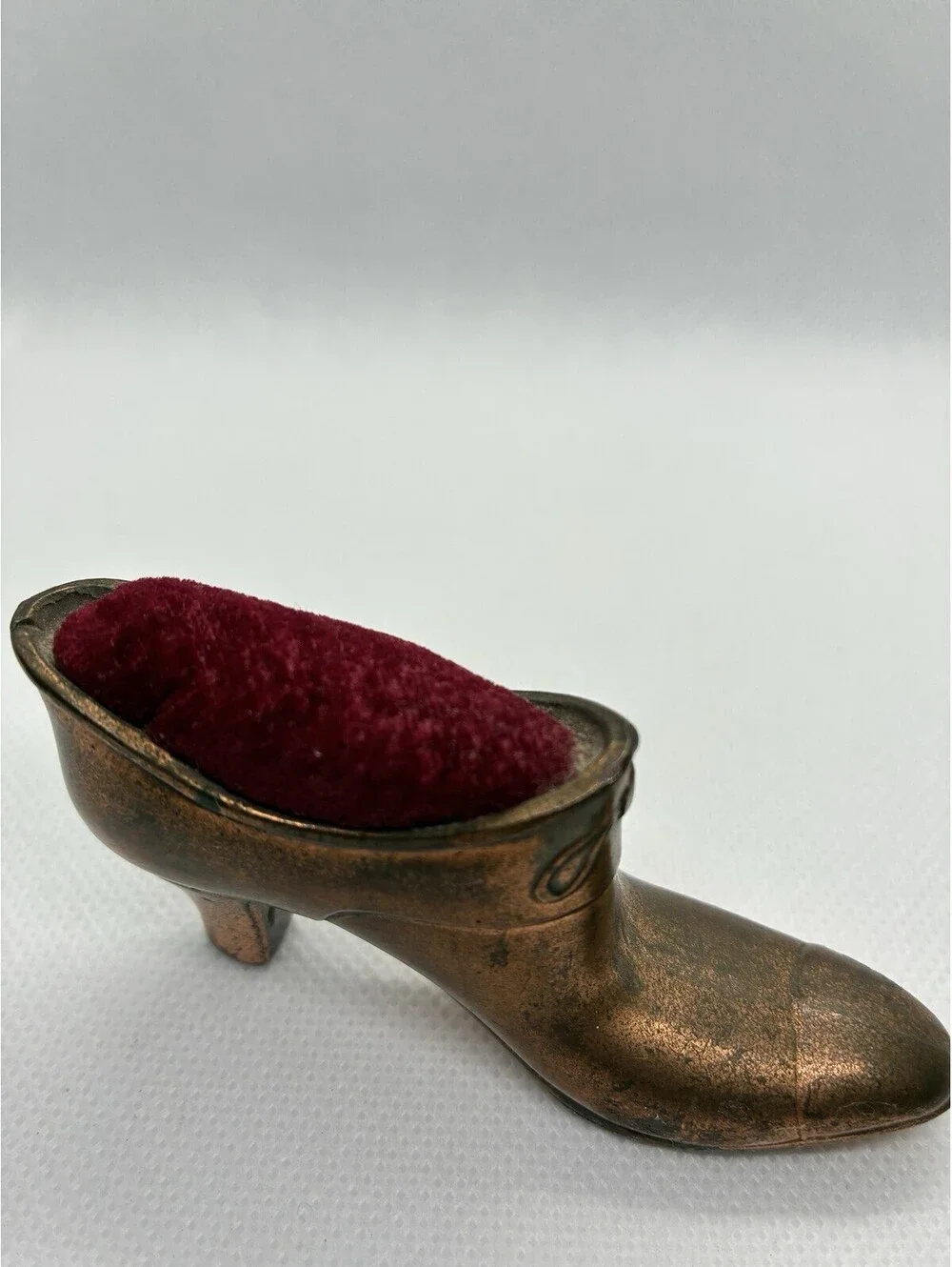 Antique Victorian Cast Metal High Heel Shoe Pin Cushion Red Velvet Bronze Finish